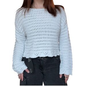 American Eagle White Crochet Knit Sweater Boho Open Knit Long Sleeve Pullover